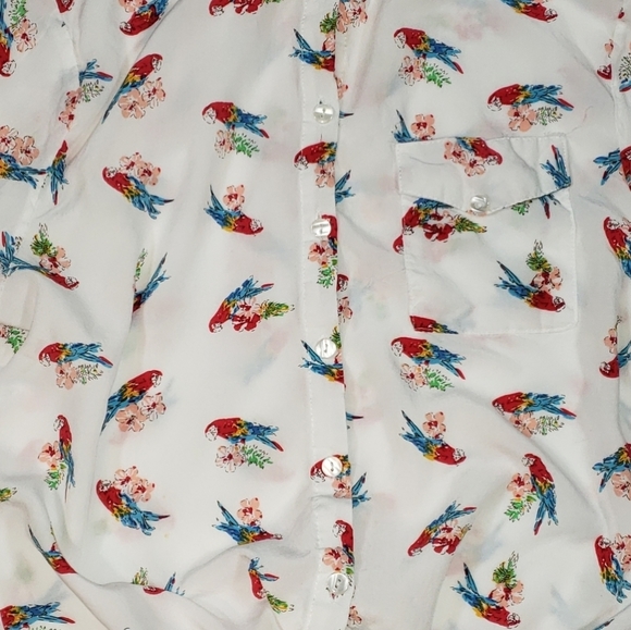 White Parrot Print Blouse Sz L Tie Front Roll-Tab Sleeves Light Novelty *STAIN* - Picture 7 of 12